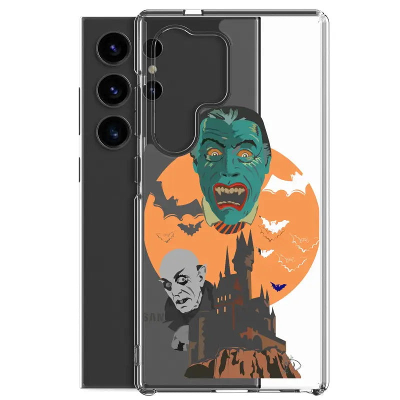 Clear case featuring Halloween horror artwork of classic monsters and bats against an orange moon