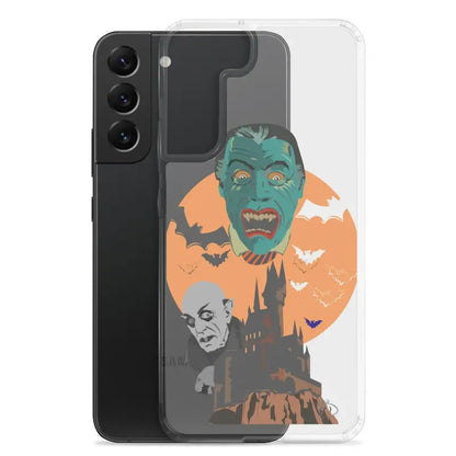 Halloween-themed vampires clear case featuring bats, castle silhouette, and monsters