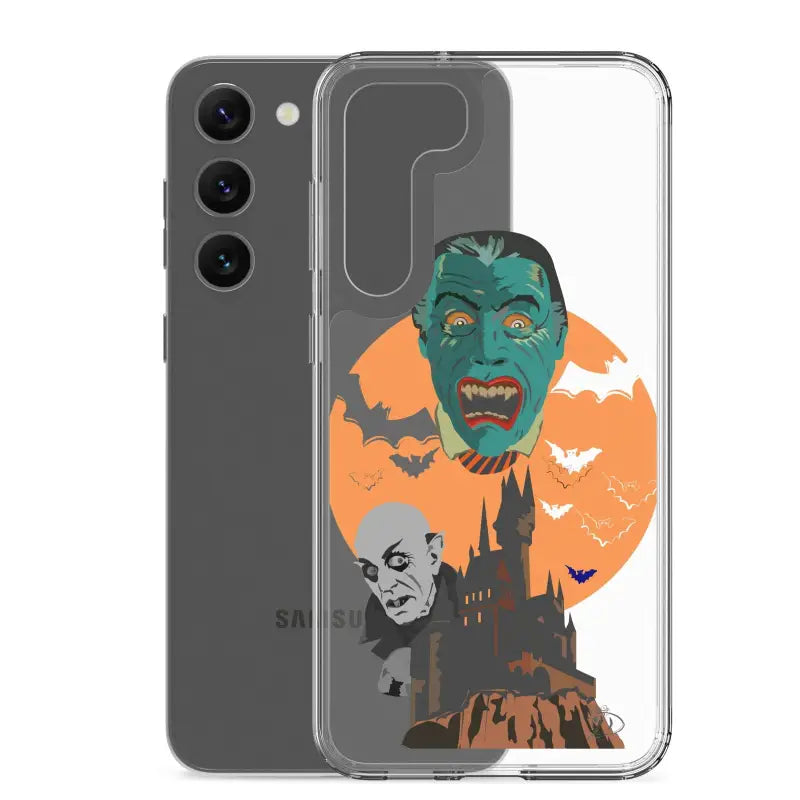 Clear phone case featuring Halloween-themed monster art with bats and castle