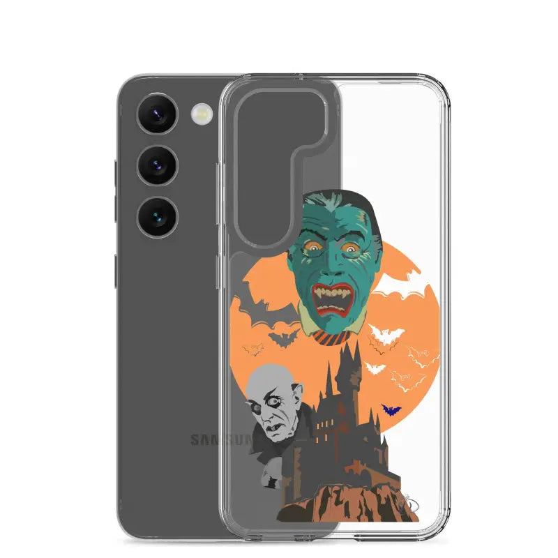 Clear case featuring vintage Halloween vampire artwork with bats and an orange moon