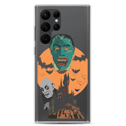 Phone case featuring vintage Halloween horror design with vampires, bats, and castle