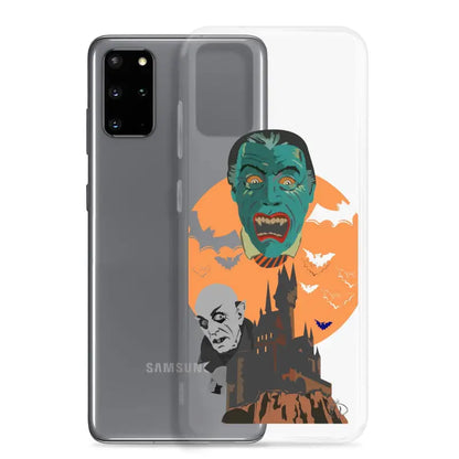 Clear case with vintage Halloween monster art, featuring vampires and a haunted castle