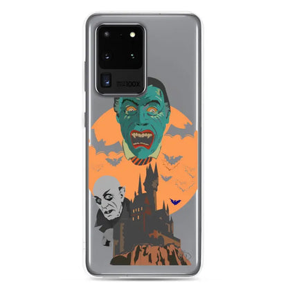 Halloween-themed vampires clear case showcasing masks, bats, and a gothic castle design