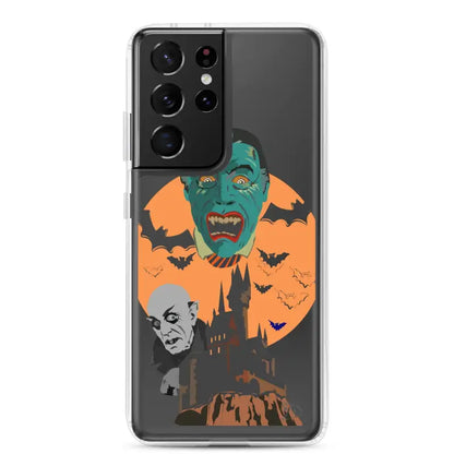 Samsung Galaxy phone displaying Night of the Vampires clear case with Halloween design