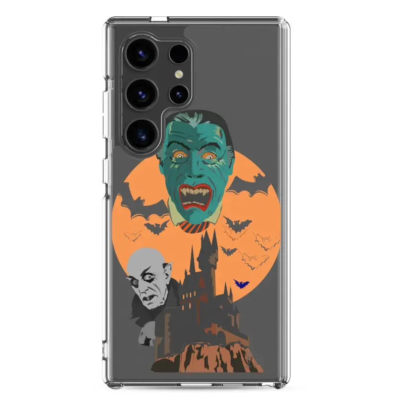 Clear case featuring vintage Halloween artwork of a green monster, bats, and a spooky castle