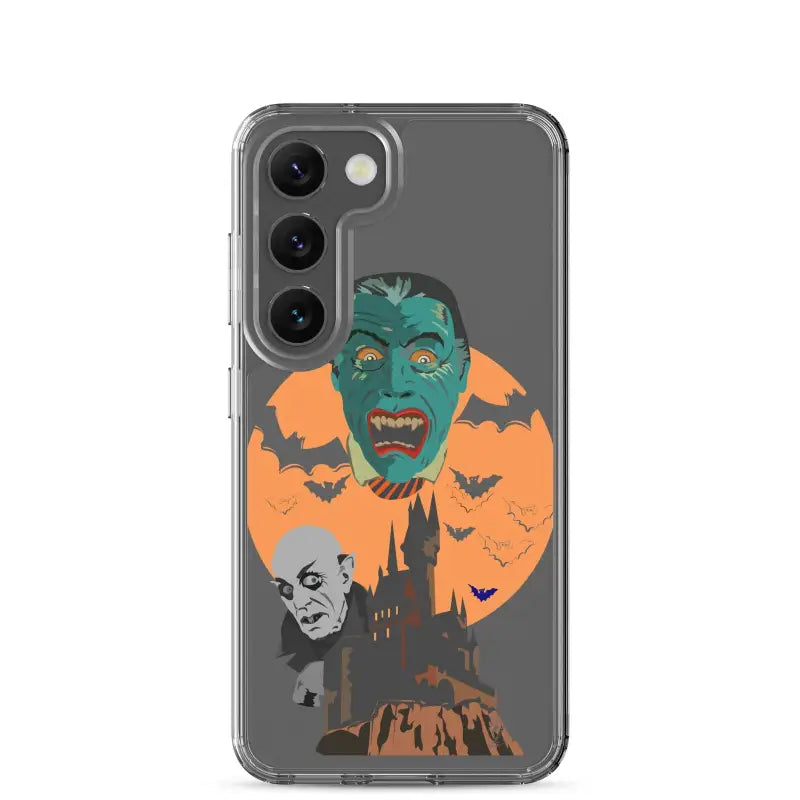 Clear case featuring vintage Halloween art with monsters, bats, and an orange moon