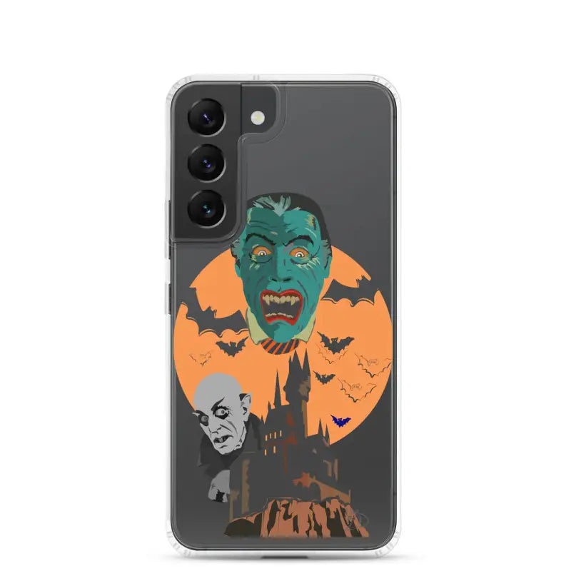 Phone case showcasing vintage Halloween horror art with bats and a castle silhouette