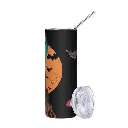 Halloween-themed stainless steel tumbler featuring Matthew Dye art with bats and a moon design