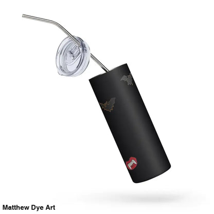 Black stainless steel tumbler featuring bats and vampire lips from Matthew Dye Art