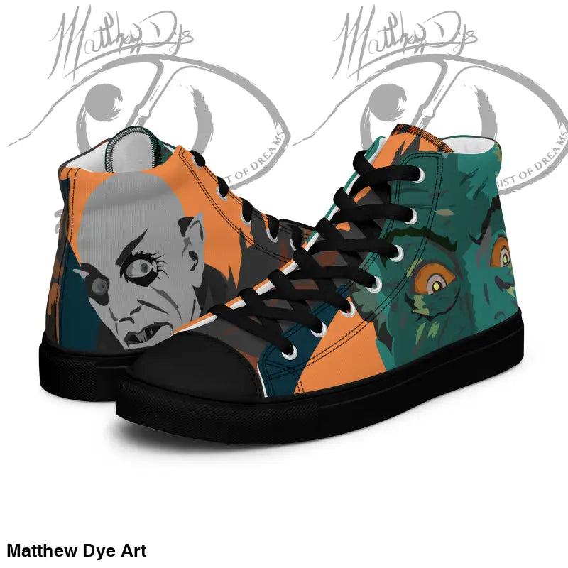 High-top sneakers with Matthew Dye art in orange, green, and black from the cute Halloween collection