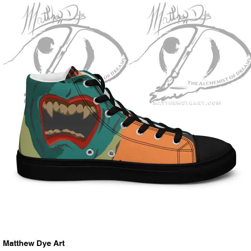 High-top sneaker with dinosaur design in teal, orange, and black from cute Halloween collection