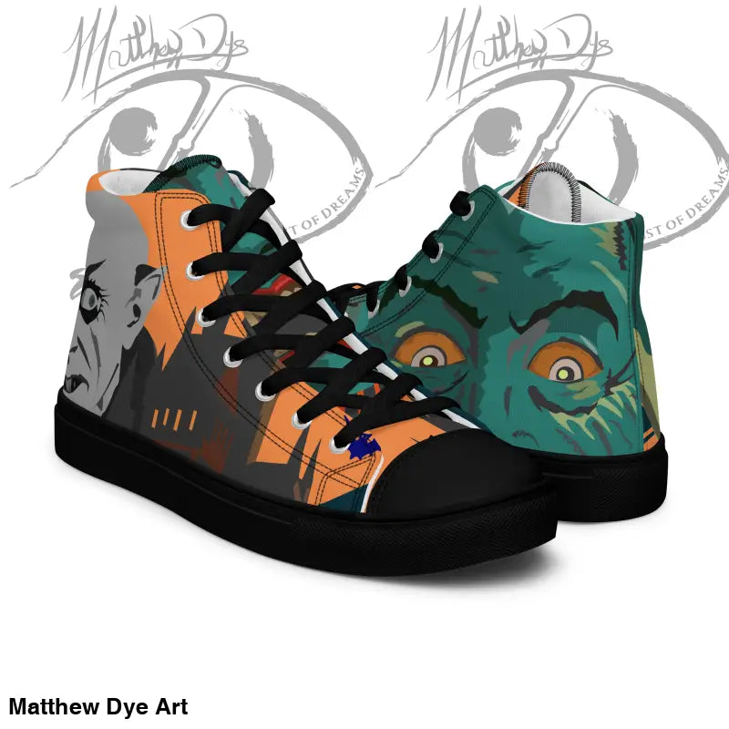 High-top sneakers with Matthew Dye art in orange, green, and black for a cute Halloween collection