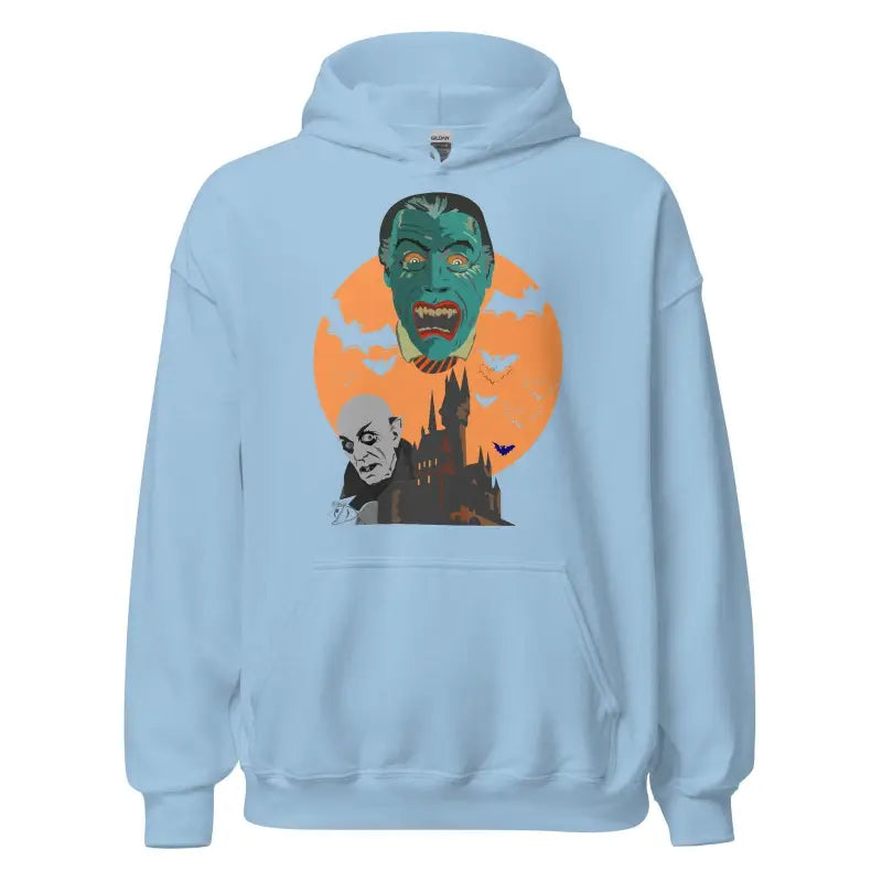 Light blue hoodie featuring Matthew Dye art with Halloween vintage horror design