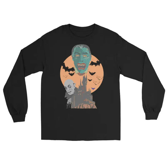 Black long sleeve shirt featuring a Halloween monster and bats against an orange moon