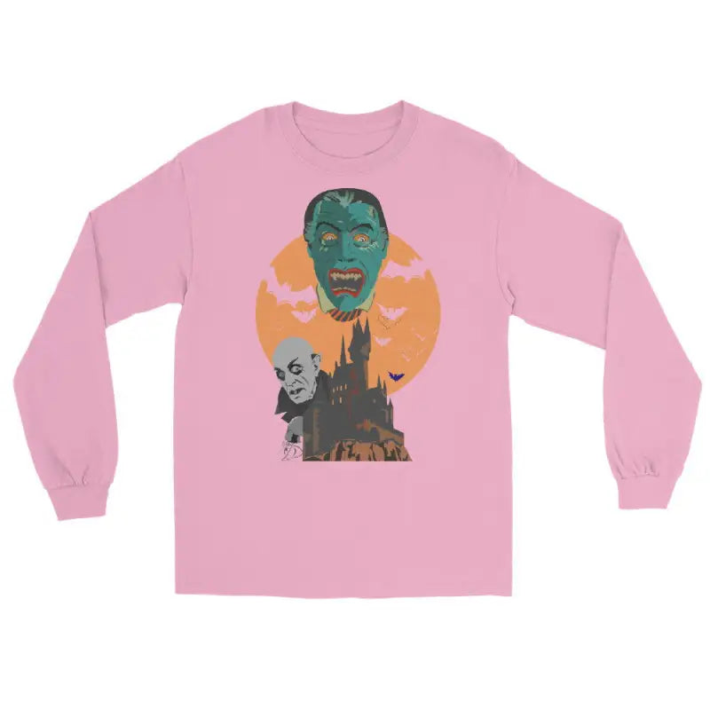 Pink long sleeve shirt with vintage Halloween art featuring monsters and a spooky castle