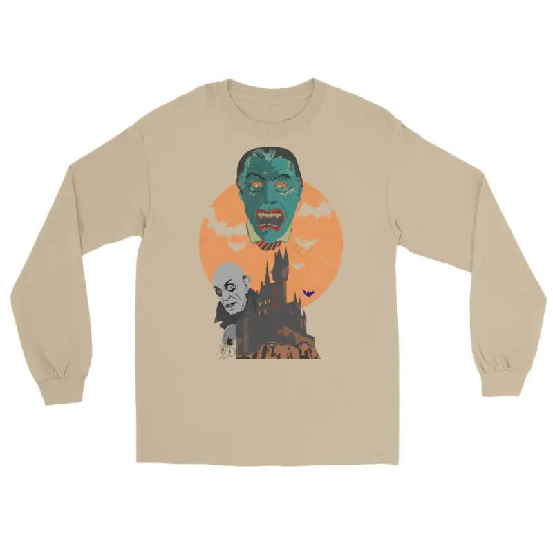 Tan long sleeve shirt featuring vintage horror design with monsters and a spooky castle