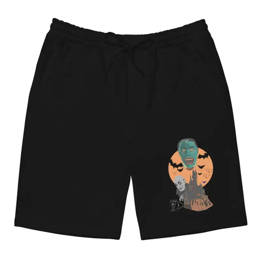 Black men’s fleece shorts featuring a Halloween bat and moon graphic design