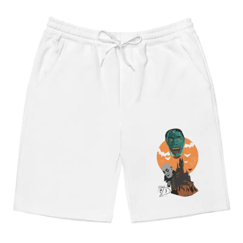 White men’s fleece shorts featuring a Halloween graphic with bats and moon design