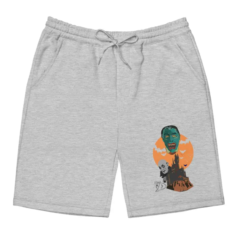 Grey fleece shorts featuring a decorative bat and moon graphic design for men