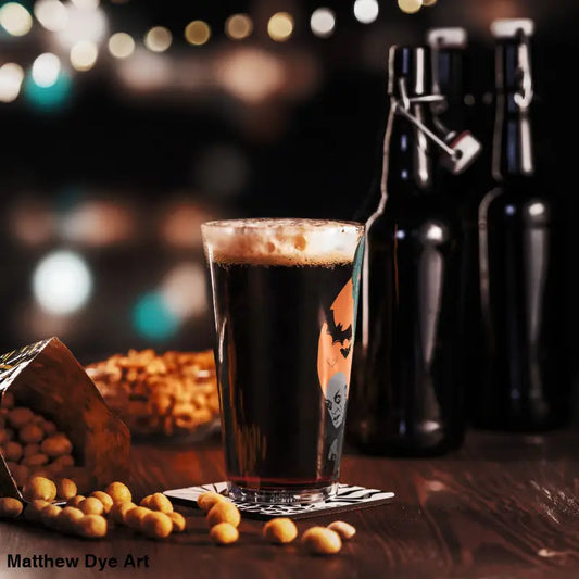 Dark beer in a Halloween-themed glass from the Vampires Shaker Pint collection