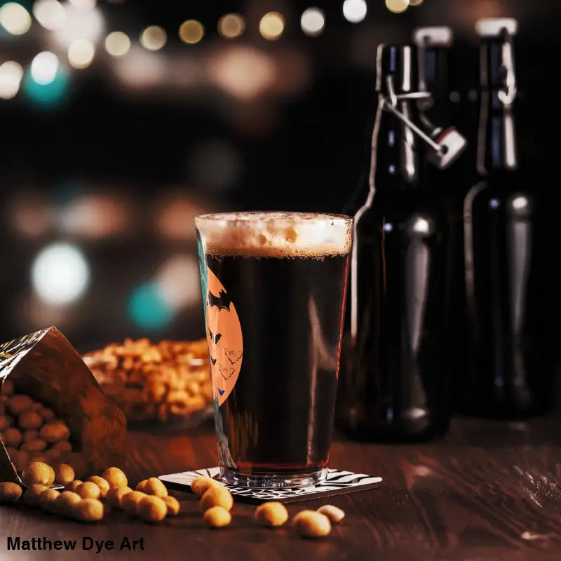 Dark beer served in a Night of the Vampires Shaker Pint, part of the cute Halloween collection