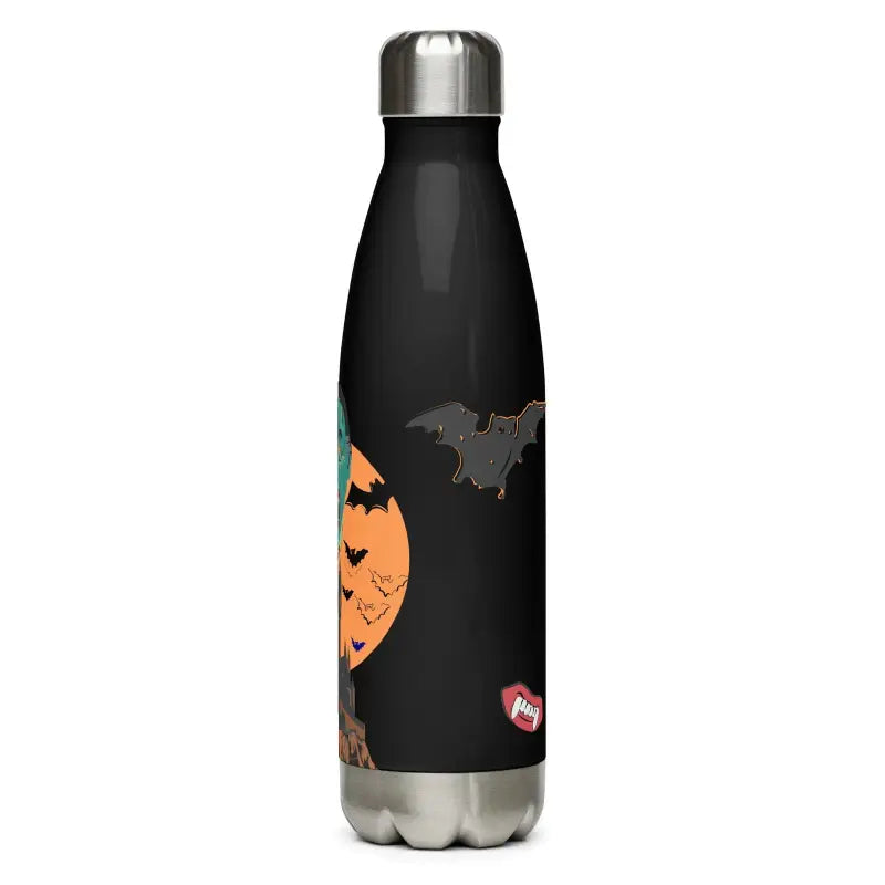 Black stainless steel water bottle with Halloween designs of bats and an orange moon