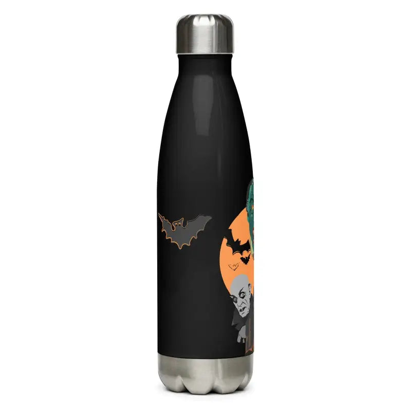 Black stainless steel water bottle featuring Halloween designs with bats and an orange moon