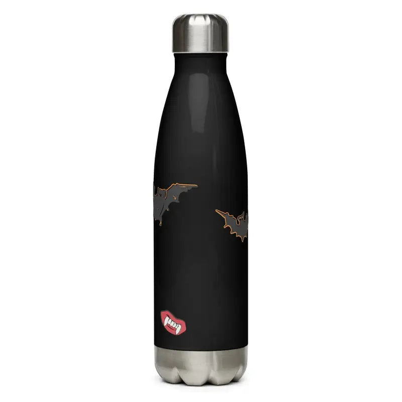 Black stainless steel water bottle featuring bat designs and red heart logo for Night of the Vampires