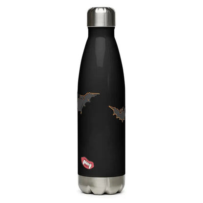 Black stainless steel water bottle featuring bat designs and red heart logo for Night of the Vampires