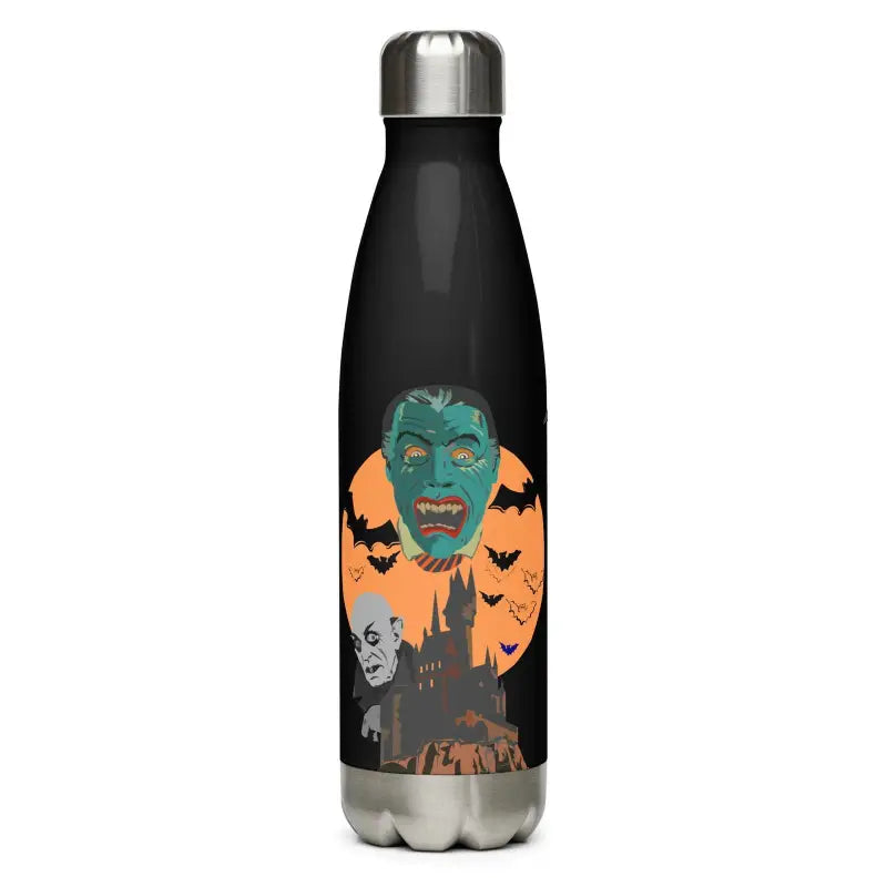 Black stainless steel water bottle with Halloween artwork of werewolves and a spooky castle