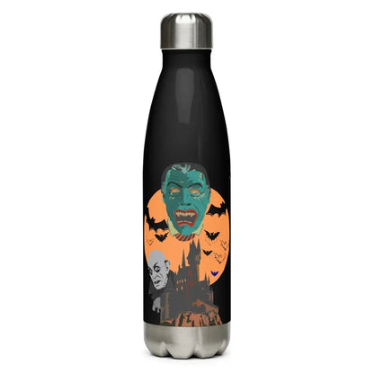 Black stainless steel water bottle with Halloween artwork of werewolves and a spooky castle