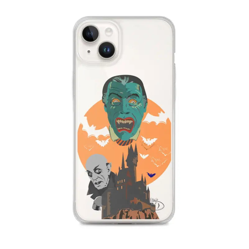 Clear case featuring vintage horror artwork with vampires, a castle, and an orange moon