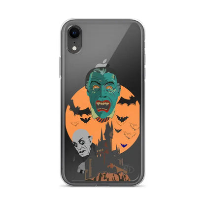 Halloween-themed clear case featuring a spooky monster face and bats against an orange moon