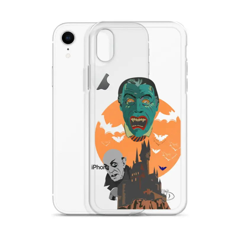 Clear case featuring vintage horror artwork with Halloween monsters, bats, and a castle