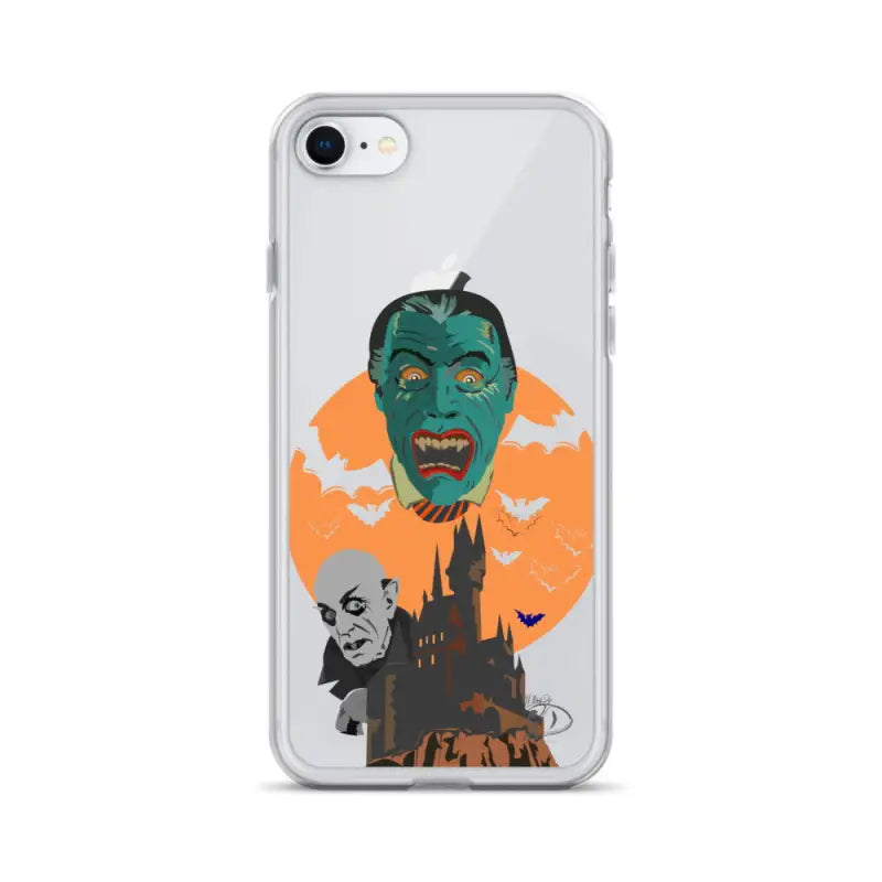 Clear case featuring spooky Halloween artwork with green monster, bats, and orange moon