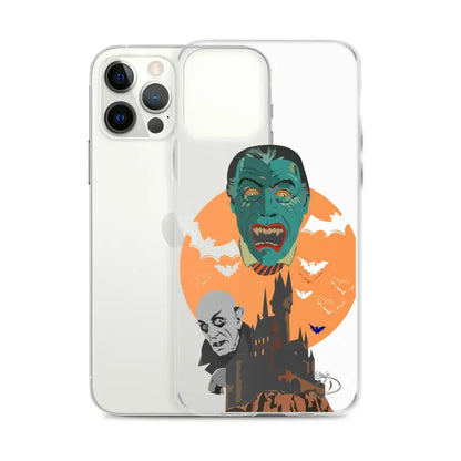 Clear case showcasing vintage horror artwork with vampires and bats against an orange moon