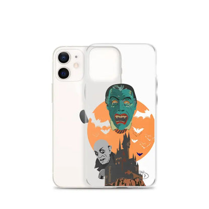 Clear case featuring vintage horror Dracula design against an orange moon for iPhone