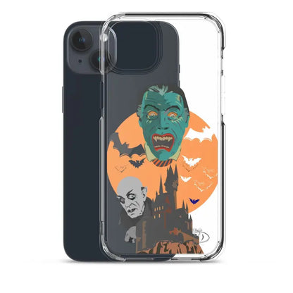 Clear case featuring Halloween monster art with bats and a spooky orange moon