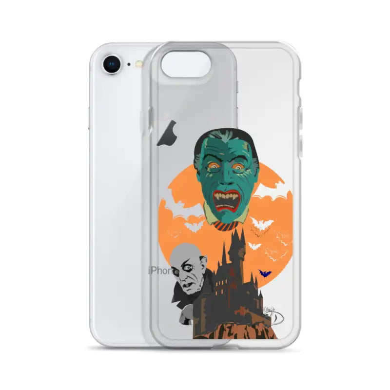 Clear case featuring vintage horror artwork of a green monster, bats, and a gothic castle