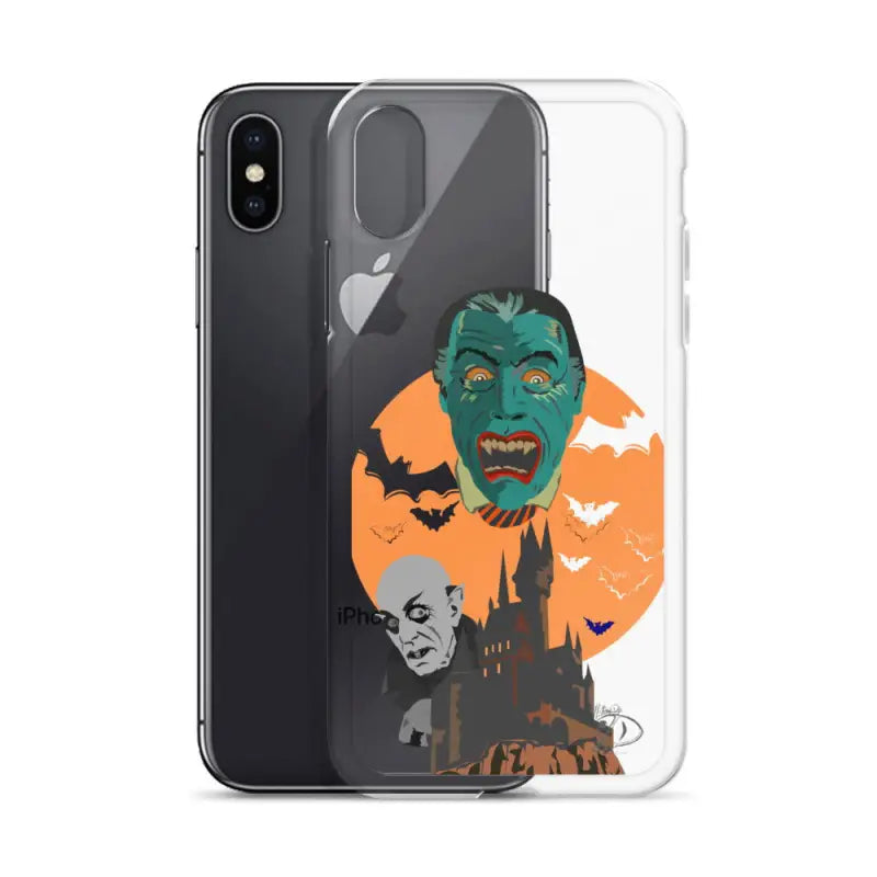 Clear case featuring vintage horror artwork of vampires and bats against an orange moon