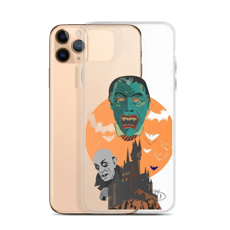 Clear case featuring vintage horror artwork of vampires, a castle, and bats against an orange moon