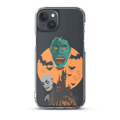 Clear case with Halloween art featuring vampires, bats, and a spooky orange moon