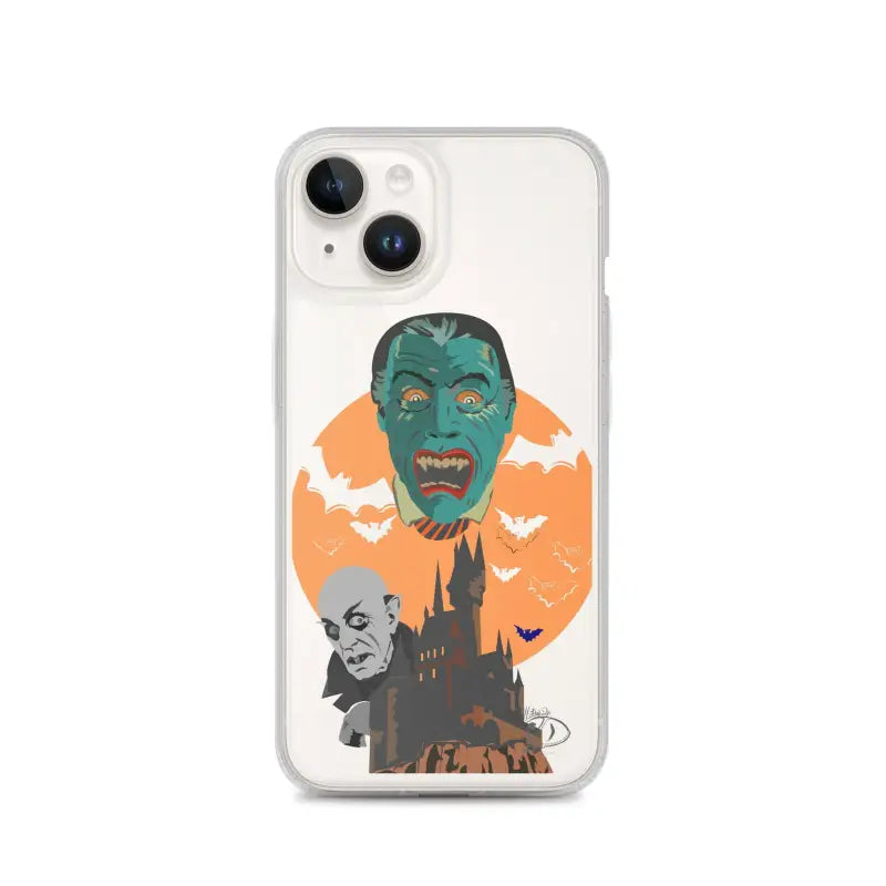 Clear case featuring vintage horror artwork with zombies, bats, and a haunted castle