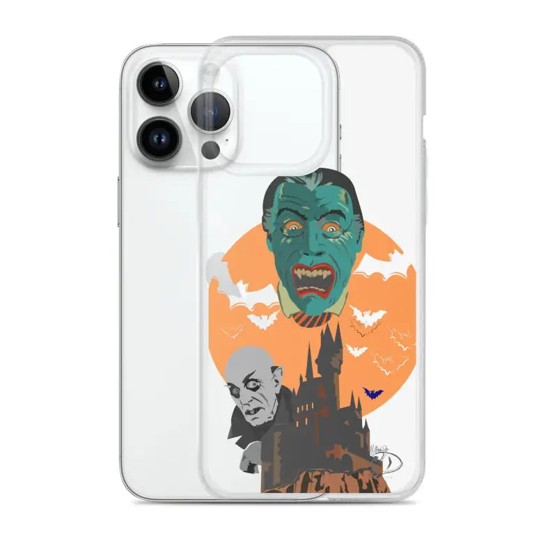 Clear case featuring vintage horror monsters and bats against an orange moon backdrop