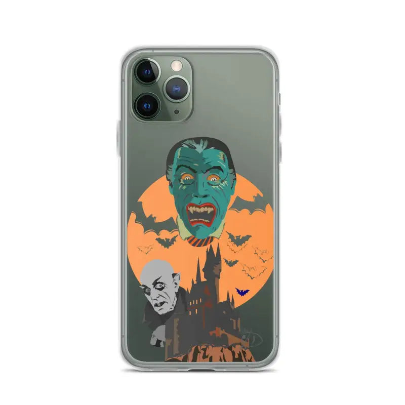 Halloween-themed clear case featuring vintage horror monster art, bats, and a haunted castle