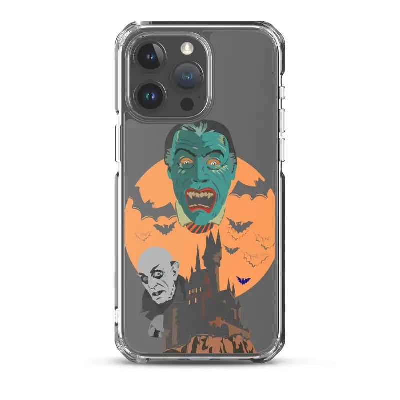 Clear case with vintage horror artwork featuring bats and a spooky castle in orange and teal