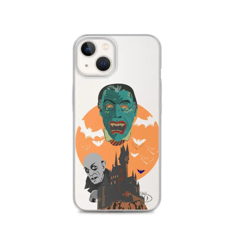 Clear case featuring vintage horror vampire artwork with bats and a spooky castle