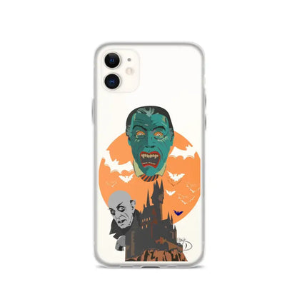 Clear case featuring vintage horror vampire and ghost designs against orange moon backdrop