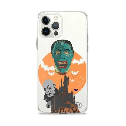 Clear case featuring vintage horror artwork with vampires, bats, and a spooky castle