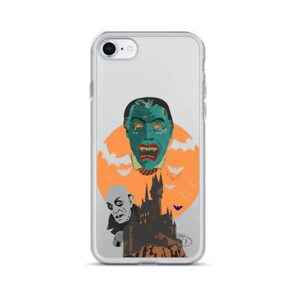 Clear case featuring vintage horror art with a green monster, bats, and a spooky castle